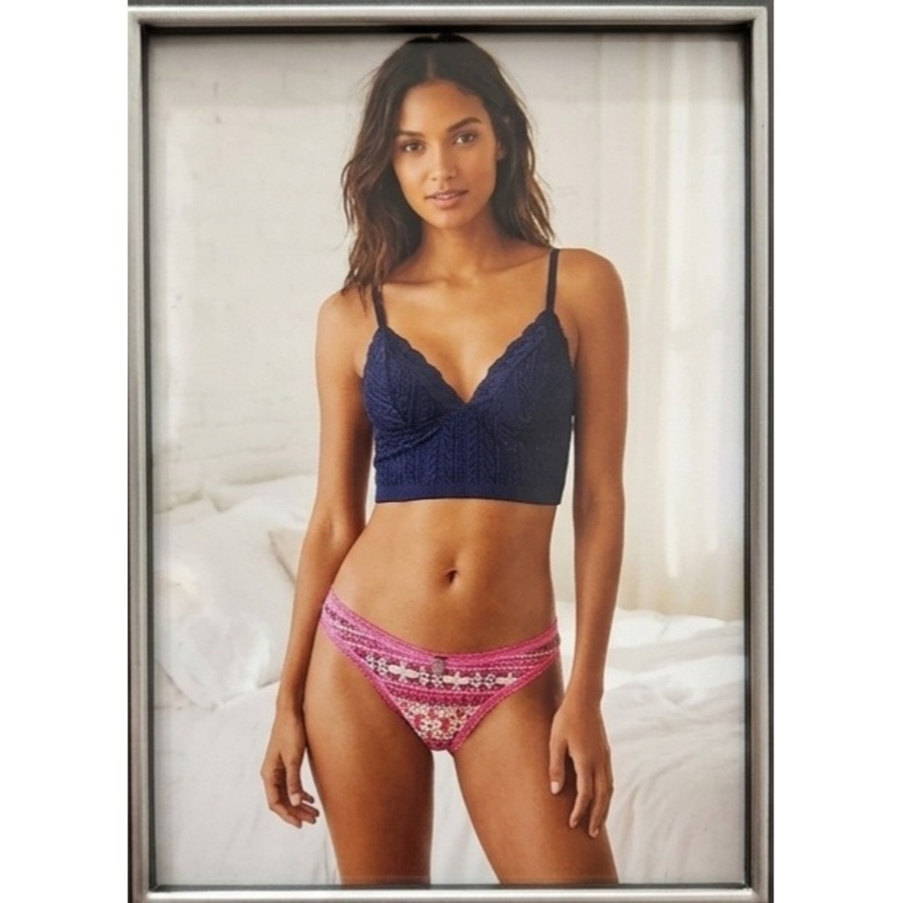 NWT Aerie Cable Lace Longline Bralette Navy & La Senza Pink Thong Set SIZE M